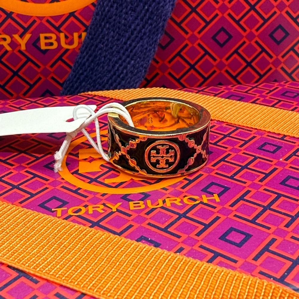 Tory Burch Black Enamel and Gold Logo Wide Band Ring